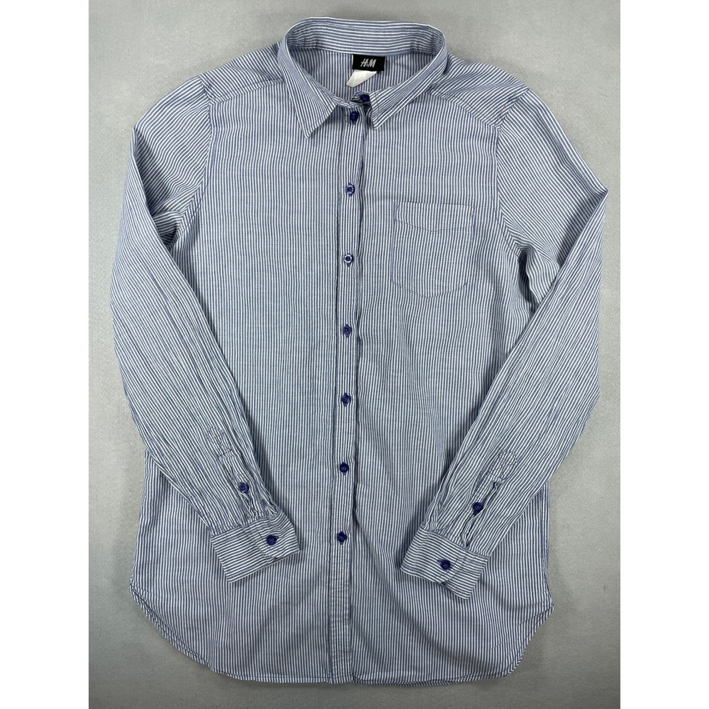 H&M Womens Button Down Shirt Pinstripe Blue White Cotton Blend Size 4